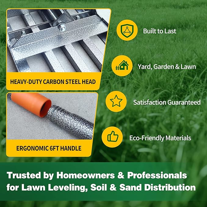 Lawn Leveling Rake 30x10 Inch, 6FT Heavy-Duty Carbon Steel Lawn Leveler – Yard Leveling Rake for Soil, Sand, Grass, Perfect for Lawn Repair, Pit Filling & Garden Maintenance
