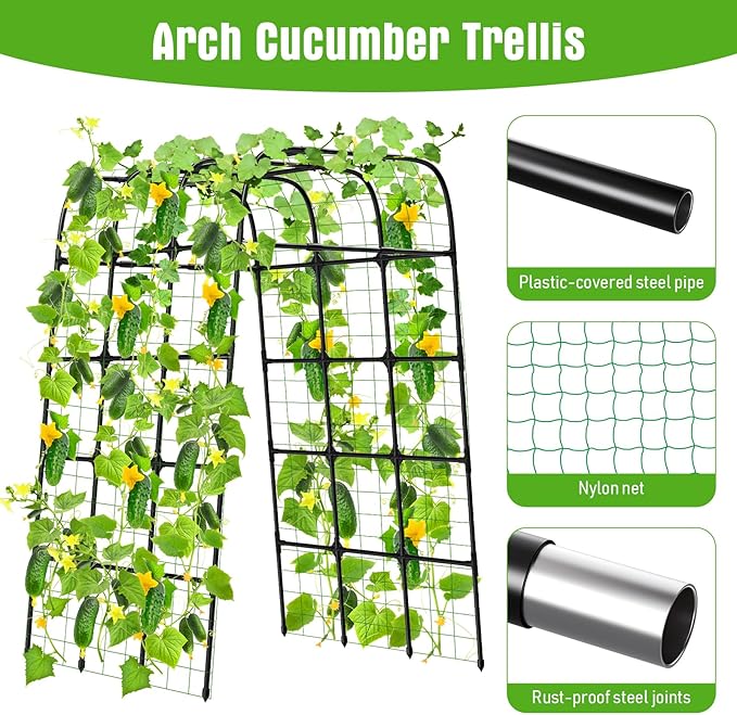 Garden Trellis Arch 7FT PP-Coated Stainless Steel Metal Extra Tall Cucumber Trellis Arch Garden Arch Trellis for Climbing Plants Outdoor Vegetable Trellis with Trellis Netting
