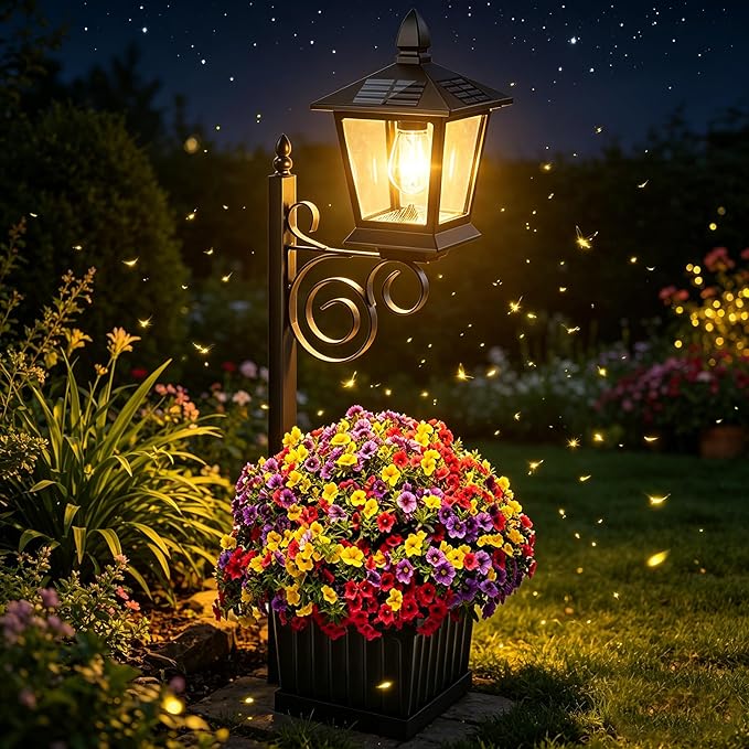 2 in 1 Outdoor Flower Pots for Real or Fake Flowers, Solar Lamp with Planter Base, 27” Wall Mount Decorative Light for Front Porch, Waterproof LED Light for Garden, Patio, Backyard