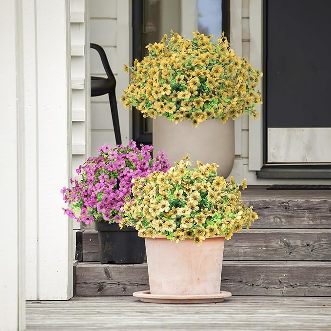 ATTGREAT Artificial Flowers Outdoor Faux Plants UV Resistant Fake Patio Flowers Plastic Greenery Plnats Outside Bulk for Spring Garden Hanging Planter Home Vase Decor, 24 Bundles (Yellow)