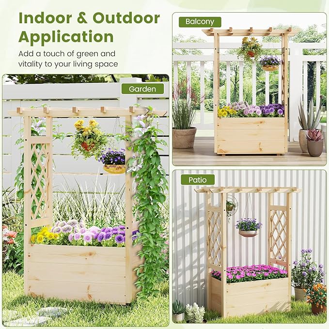 Giantex Set of 2 Raised Garden Bed with Sided Trellis & Hanging Roof, Wood Planter Box, Freestanding Garden Planter Raised Bed for Flowers Herbs Climbing Vines 31”x16”x41” (L x W x H)
