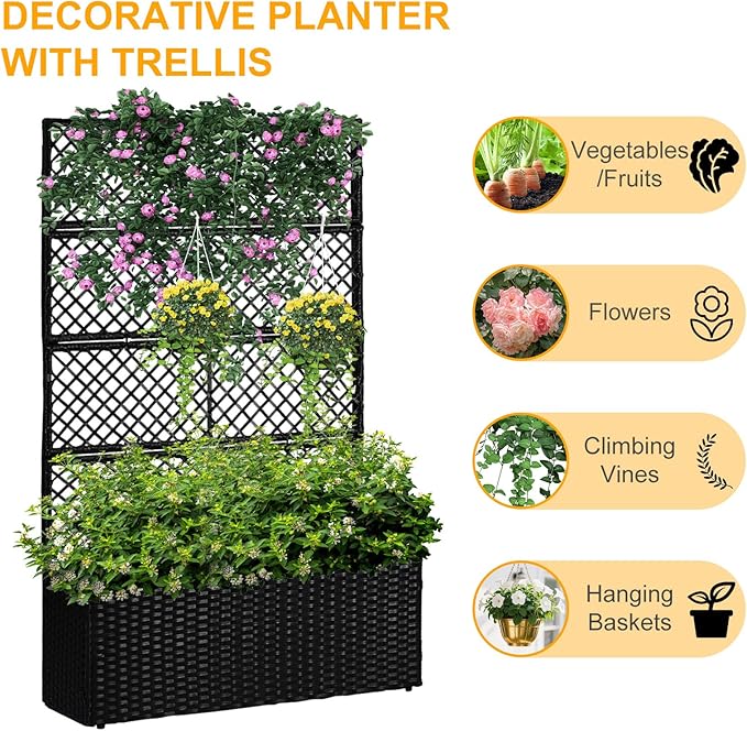 52’’ H Garden Planter Box with Trellis Outdoor for Vine Climbing Plants, Flowers Handwoven Rattan Garden Bed with Removable Liners for Backyard Patio Balcony