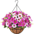 Ouddy Decor Artificial Hanging Flowers with Basket, Fake Silk Hanging Flowers in Coconut Lining Basket Faux Hanging Plants for Outdoor Indoor Spring Garden Porch Patio Balcony Home Decor, Red