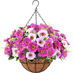 Ouddy Decor Artificial Hanging Flowers with Basket, Fake Silk Hanging Flowers in Coconut Lining Basket Faux Hanging Plants for Outdoor Indoor Spring Garden Porch Patio Balcony Home Decor, Red