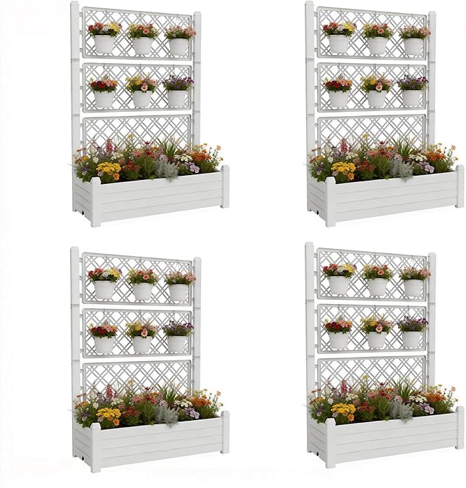 5' Tall Raised Garden Bed with Trellis, Self Watering Planter Box for Outdoor Climbing Plants Resin Garden Lattice for Vegetables, Flowers, Tomato & Vine with Drainage Holes (Ashen, 4 Pack)