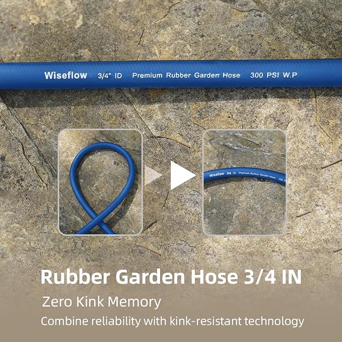 WiseFlow Garden Hose 100FT x 3/4", Heavy Duty Rubber Hose, Water Hose with Five Layered Braiding, Male Female Fittings, 1000PSI Burst, 300PSI Working (Blue)