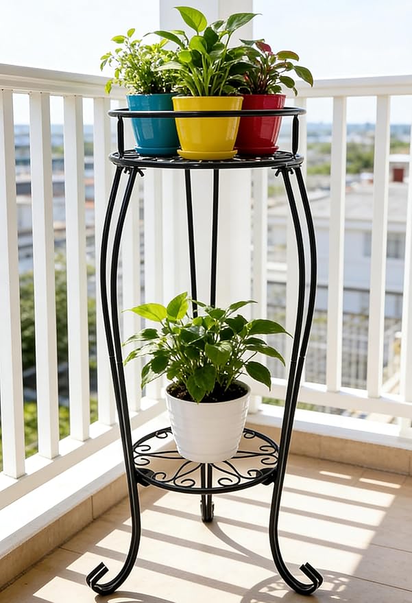 CASIMR 2 Tier Plant Stand, 26.8 inch Tall Metal Potted Holder Rack,Indoor Outdoor Multiple Flower Pot Shelf Rustproof Iron Garden Container for Garden Patio Living Room Corner Balcony, Black