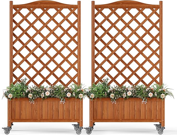 Upgraded 2-Pack 50" Tall Trellis Planter Box with Wheels, 49.8"H × 27.6"W × 13.0"D Solid Fir Wood Raised Garden Bed & Lattice Privacy Screen, Rolling Planter with Drainage for Patio/Garden