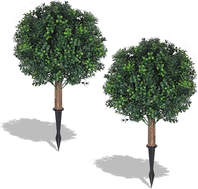 Shinoske 23" Boxwood Topiary Balls Tree Artificial Outdoor,Set of 2 Outdoor Fake Bushes Plant with Ground Spike,UV Resistant Artificial Plants for Garden,Porch,Yard,Balcony Decor