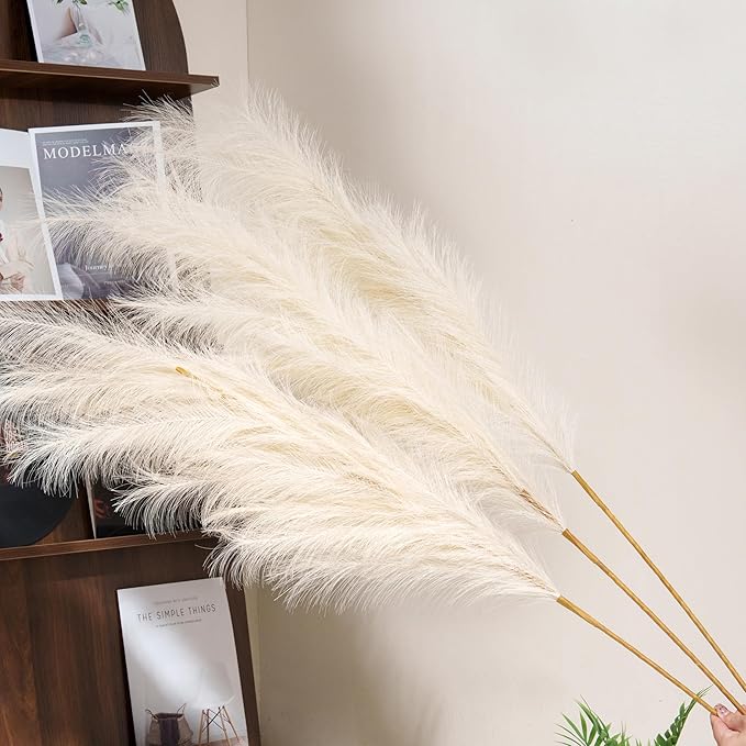 Premium Faux Beige Pampas Grass – 55" 8pcs Tall Ultra-Fluffy 24-Branch One-Piece Stems No Assembly, Luxury Silk-Feel Feather Flowers for Boho Modern Farmhouse Home Decor (Sand, 8 Stems)