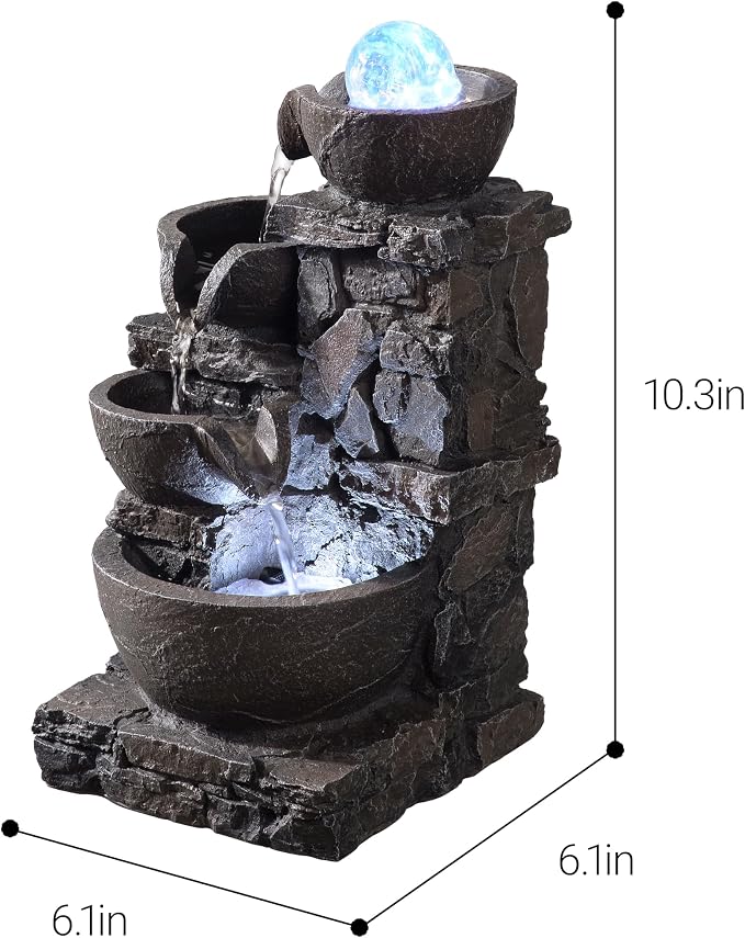 Indoor Tabletop Fountain with 4-Tier Stone Bowls, Rolling Crystal Ball & LED Lights – Tranquil Waterfall Decor for Home, Office or Zen Space (23066)