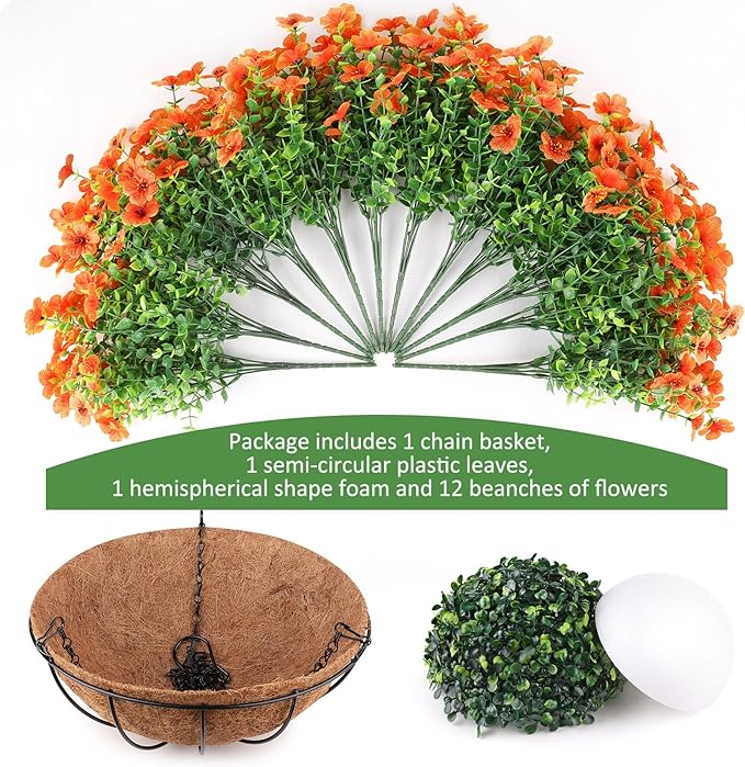 Artificial Flowers Hanging Plants in Basket, Artificial Hanging Flowers for Spring Outdoor Indoor Decor, UV Resistant Hanging Baskets with Fake Flowers for Spring Summer Patio Garden Porch Decor