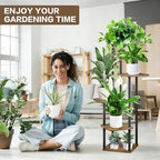 5 Tier Plant Stand Indoor, Thickened Metal Wood Corner Plant Shelf Stands for Multiple Plants, Indoor Tall Plants Stand Tiered Flower Holder for Living Room Patio Garden Balcony(Black+Brown)