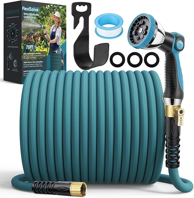 NON-EXPANDABLE Garden Hose 75 ft, Ultra Lightweight Flexible Water Hose with 10-Pattern Nozzle & Shut-Off Valve, Holder, Leakproof & Kink-Resistant Reinforced Fittings for Yard Outdoor