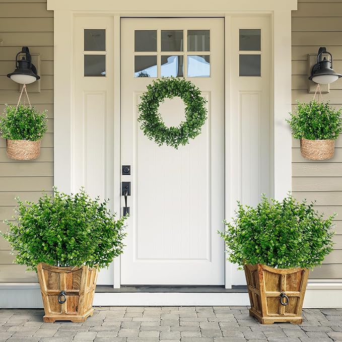Sggvecsy Artificial Flowers for Outdoors 24 Bundles UV Resistant Boxwood Shrubs Artificial Eucalyptus Fake Plants Faux Plastic Greenery for Farmhouse Garden Indoor Outdoor Home Wedding Decoration