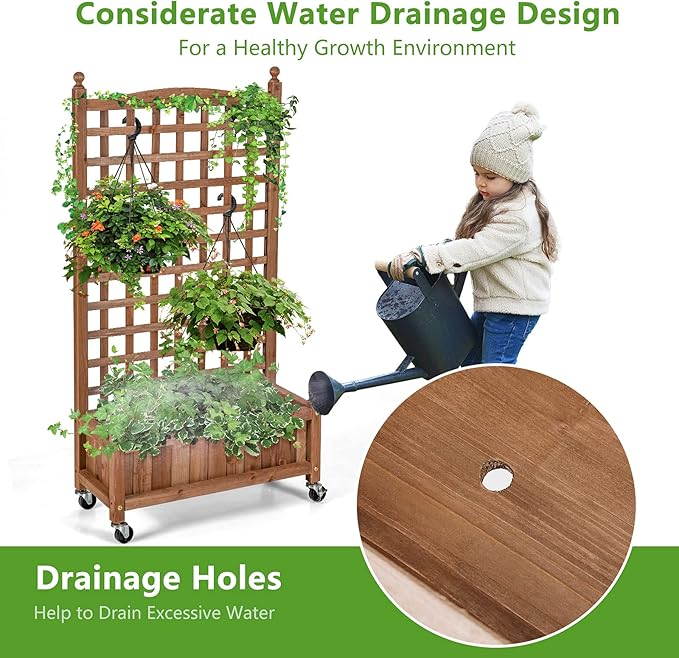 Giantex Set of 2 Mobile Plant Raised Bed, Wood Planter with Lattice Trellis and Wheels, Flower Box for Plant Climbing, Vertical Garden for Balcony Patio Yard, 25"x11"x 50"