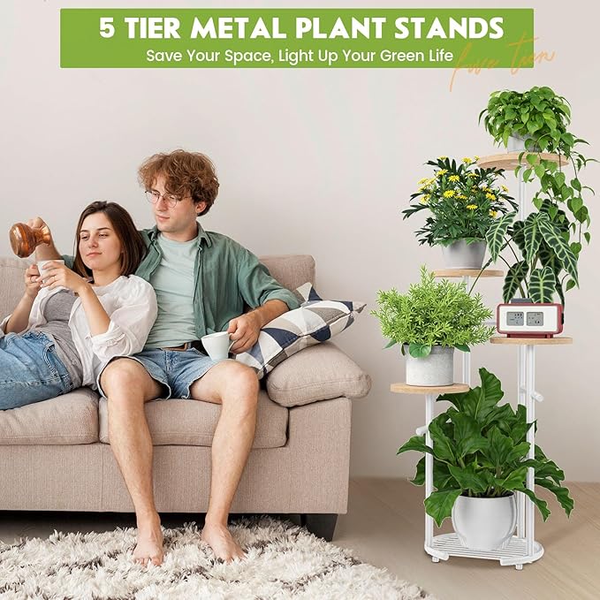 TOSKING 5-Tier Thickened Metal Plant Stand, Anti-Tip Round Base for Pots, Child & Pet Friendly, Corner Shelf Flower Pot for Multiple Plants, Indoor Outdoor Use for Living Room Balcony Patio Garden (White and Wood, 42in)