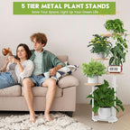 TOSKING 5-Tier Thickened Metal Plant Stand, Anti-Tip Round Base for Pots, Child & Pet Friendly, Corner Shelf Flower Pot for Multiple Plants, Indoor Outdoor Use for Living Room Balcony Patio Garden (White and Wood, 42in)