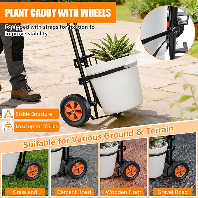KJX Adjustable Plant Caddy with Wheels, Heavy Duty Plant Dolly Cart with Grab Arm and Strap Dual Protection, Garden Potted Plant Mover Dolly for Planter Flower Pots Indoor Outdoor