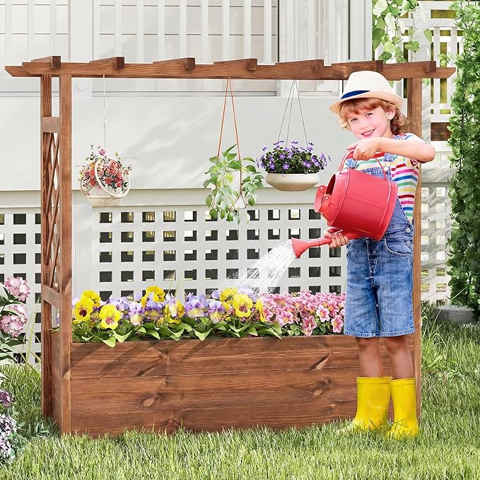Giantex Raised Garden Bed with Sided Trellis & Roof, 45”x16”x41” Wood Elevated Planter Box, Freestanding Garden Planter Raised Bed for Flowers Herbs Climbing Vines,Brown,1