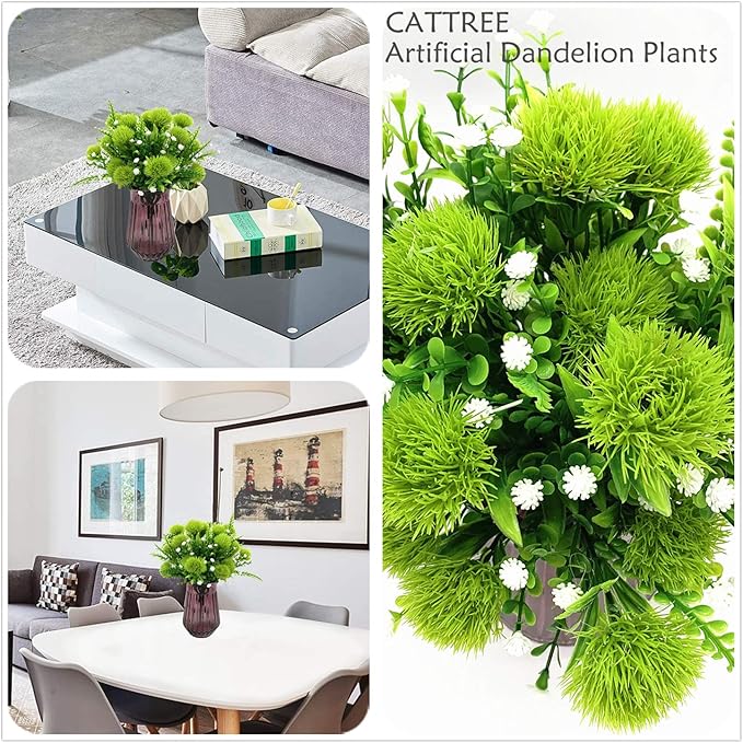 CATTREE Artificial Dandelion Plants, Plastic Flowers Shrubs Bushes Fake Grass Wedding Indoor Outdoor Home Garden Verandah Centerpieces Arrangements Party Decoration Planting Filler - Green 4 Pack