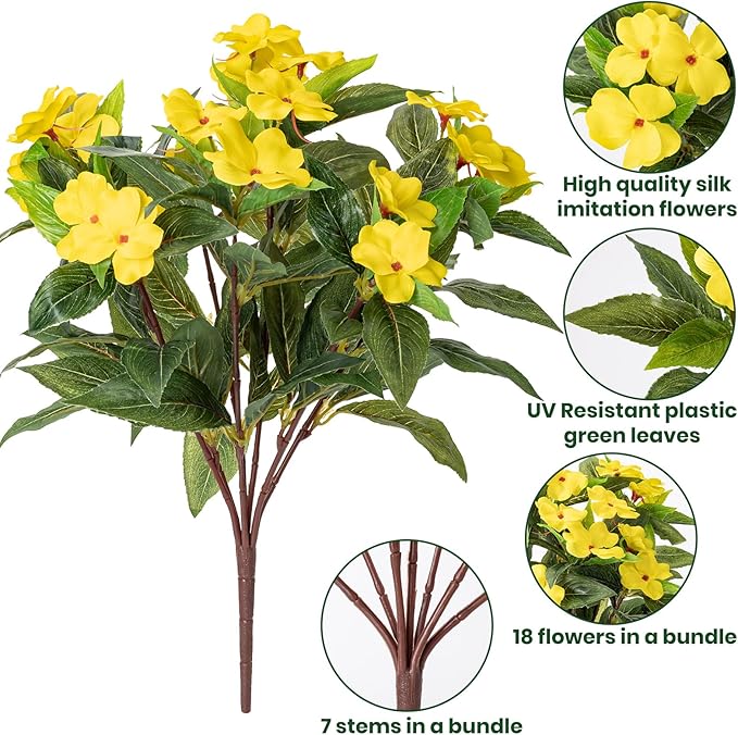 Nigirior Artificial Fake Flowers for Outdoor Décor 6 Bundles UV Resistant Fake Plants for Planter Faux Impatiens for Home Porch/Garden Stunning（Yellow）