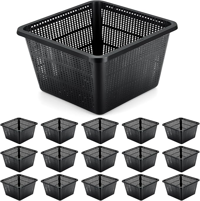 16 Pcs Aquatic Plant Baskets for Hydroponics Water Plant Pots Black Plastic Mesh Basket 9 x 9 x 5.2 Inch Square Pond Containers for Island Live Aquarium Botany Flowers
