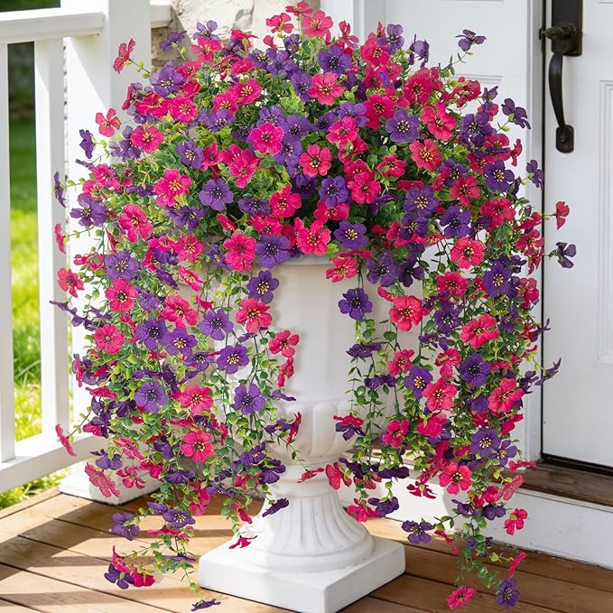 Fake Artificial Hanging Flowers for Outdoors Decoration, 2 PCS Faux UV Resistant Artificial Outdoor Flowers, Fake Plants Look Real Daisy No Fade Spring Decor for Porch Home Patio Balcony and Yard