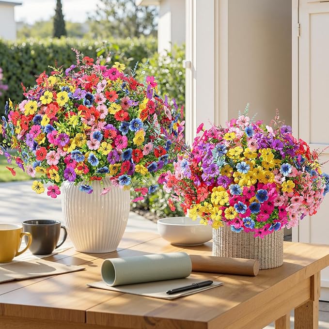SHareconn 48 Bundles Artificial Flowers for Outdoors Decoration, Faux Plants Fake Silk Colorful Daisy Eucalyptus Lavender, UV Resistant for Outside Home indoor Spring Decor,RedRosyPurpleBlueYellowPink