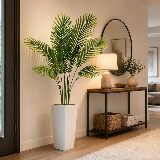 Garvee 4.3FT Artificial Palm Tree, Tall Faux Tropical Areca Plants with White Tall Planter, Fake Potted Tree with Lifelike Leaves for Indoor Living Room Bedroom Home Office Decor