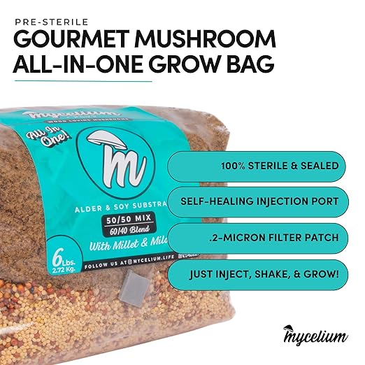 Mycelium All-in-One Mushroom Grow Kit – 6 lb Sterilized Enhanced Substrate with Alder, Soy Hull, Millet & Milo Grains | Ready-to-Inoculate Bag with Injection Port | Easy Gourmet Mushrooms at Home