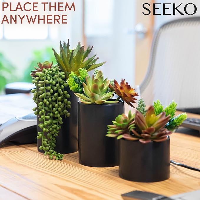 Fake Succulents Plants Artificial in Premium Ceramic Pots (3 Pack Assorted) Realistic Faux Succulents for Bathroom, Home & Office Decor