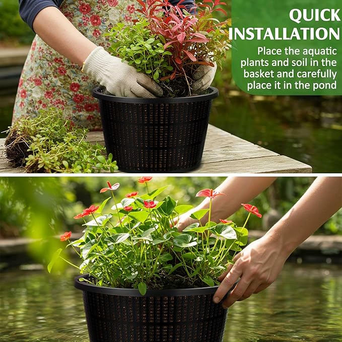 Weysat 8pcs Pond Plant Baskets Hydroponic Baskets 8.3 Inch Round Aquatic Plant Net Pot Large Plastic Net Container Black Mesh Pond Container for Hydroponics Live Aquarium Nursery Grow