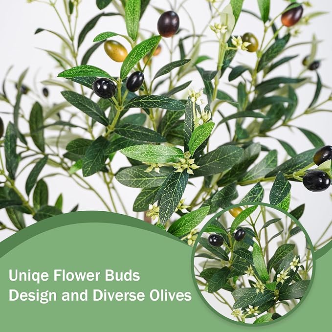 Faux Olive Tree 6FT, Artificial Potted Tree with Planter, Silk Plants Indoor Outdoor, Lifelike Olive Plants with Natural Wood Trunk, Fruits and Buds, Home Office Decor, 1 Pack
