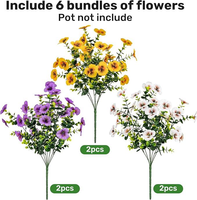 17 Inch Artificial Faux Pansy Flowers for Outdoor,Fake Pansies Flowers with Eucalyptus Leaves Fake Plants Greenery Boxwood Porch Patio Decor 6 Bundles(Light Purple,Dark Yellow,White)