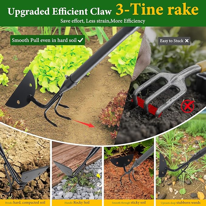 65'' Hoe and Cultivator Garden Tool - 2 in 1 Heavy Duty Garden Hoe for Weeding,Soil Loosening,Sharp Blade,Long Handle Claw 3-Tine Hand Tiller Rake for Gardening