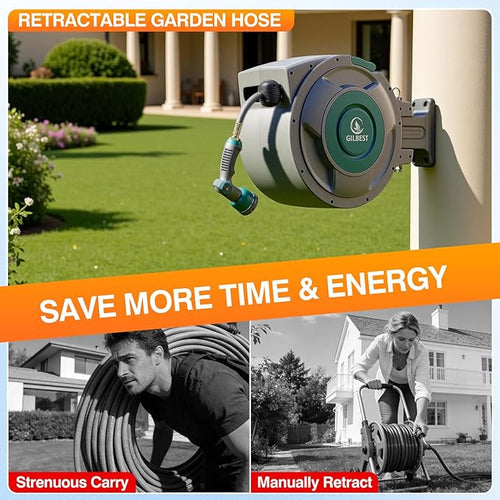 1/2" x 130 ft Retractable Garden Hose Reel, Heavy Duty Water Hose Reel Wall Mounted, Any Length Lock, 180°Swivel, Water Hose with 10-Function Nozzle for Cleaning, Watering (Green)