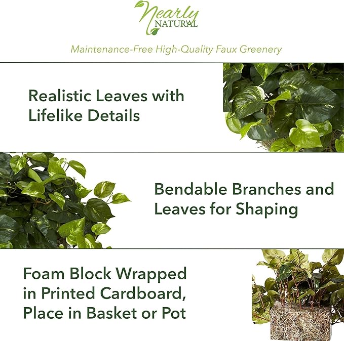 Nearly Natural 15in. Pothos Ledge Plant (Set on Foam) Silk Plant,Green