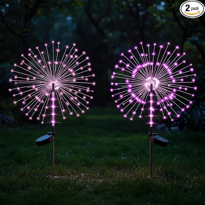 2 Pack 250LED Solar Garden Lights Outdoor, Dual Lighting Modes Firework Lights Solar Powered, Waterproof Twinkle Fairy Light Outside for Yard Patio Pathway Christmas Party Decorative（Purple