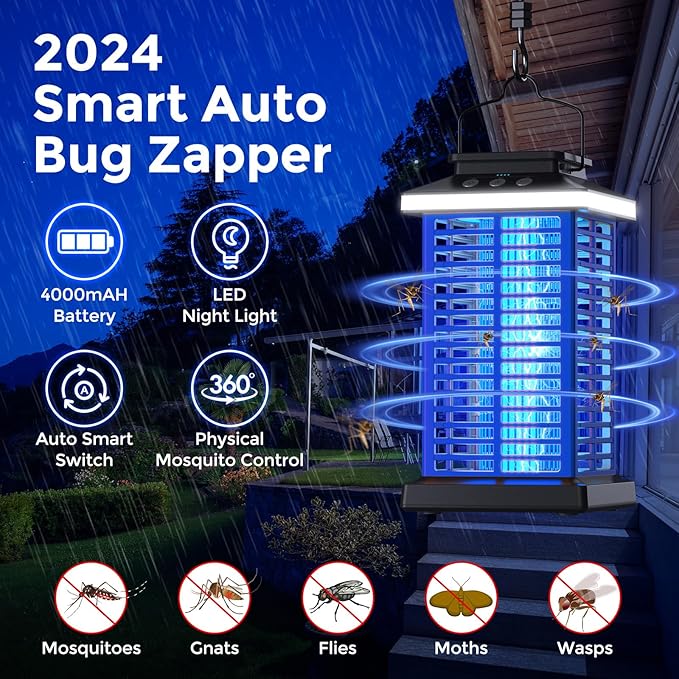 Bug Zapper Outdoor, Mosquito Zapper 2 in 1 Portable & Rechargeable Bug Zapper Outdoor with 5000mAh Battery & LED Night Light, 4000V Electric Fly Zapper for Outside,Patio,Backyard,Garden Blue