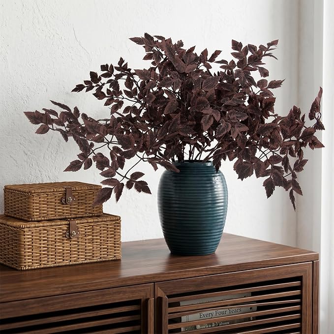 Daynight Artificial Cimicifuga Plants with Fall Leaves Faux Fall steams Greenery Branch for Vase, Table, Thanksgiving, Autumn Halloween Centerpiece Decor (4, Chocolate)