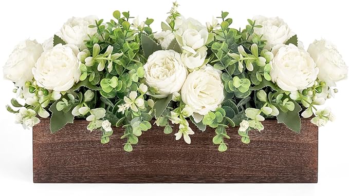 Dahey Centerpiece Table Decorations for Dining Room Farmhouse Living Room Wood Tray with 3 Artificial Flowers and 2 Eucalyptus for Kitchen Table, 14.1" x 4.7" x 3.1", White