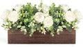 Dahey Centerpiece Table Decorations for Dining Room Farmhouse Living Room Wood Tray with 3 Artificial Flowers and 2 Eucalyptus for Kitchen Table, 14.1" x 4.7" x 3.1", White