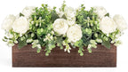 Dahey Centerpiece Table Decorations for Dining Room Farmhouse Living Room Wood Tray with 3 Artificial Flowers and 2 Eucalyptus for Kitchen Table, 14.1" x 4.7" x 3.1", White