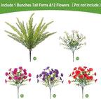 Hrobek Artificial Flowers for Outdoors Faux Plants Outside Indoor,UV Resistant Silk Fake Morning Glory Tall Ferns for Home Patio Garden Back Yard Front Porch Decor(13 Bunches,Dk. & Lt. Purple)
