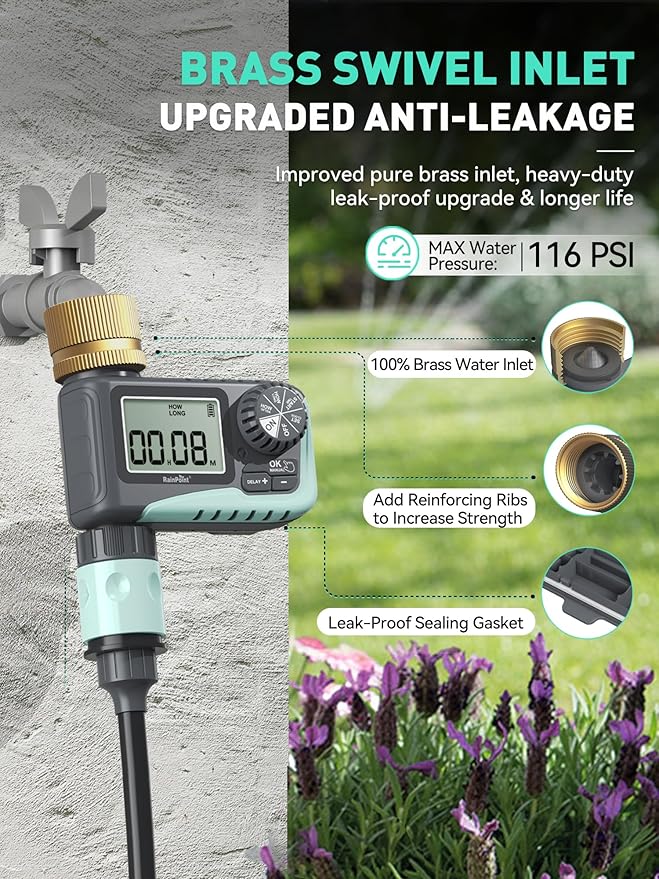 RAINPOINT 2-Pack Sprinkler Timer with Brass Swivel for Garden Hose, Programmable Hose Timer with Rain Delay/Manual Watering, Digital Irrigation System for Lawns, 1 Outlet