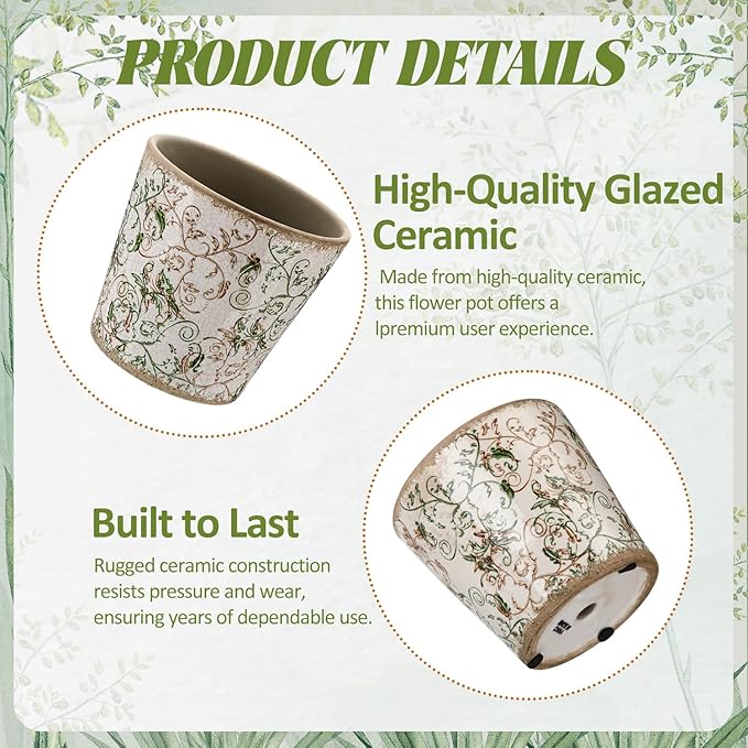 Beeveer Farmhouse Ceramic Planter 5.5 Inch Large Plants Pot Ice Crack Beige Green Floral Vines Plant Pots with Drainage Hole Indoor Plants Kitchen Rustic Antique Decor Gift