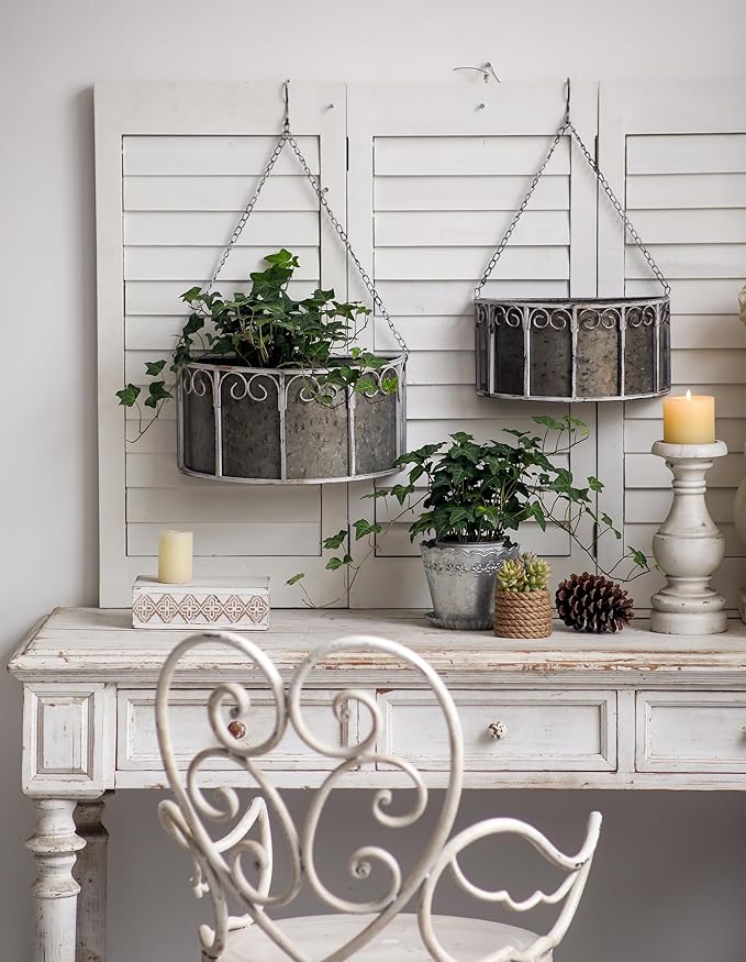 SOFE Farmhouse Galvanized Metal Hanging Planter Basket Set of 2, Unique Hanging Plant Pot Indoor Outdoor, 14 Inch/12inch Flower Pots Holder with Chain Hook, Home Garden Patio Decor