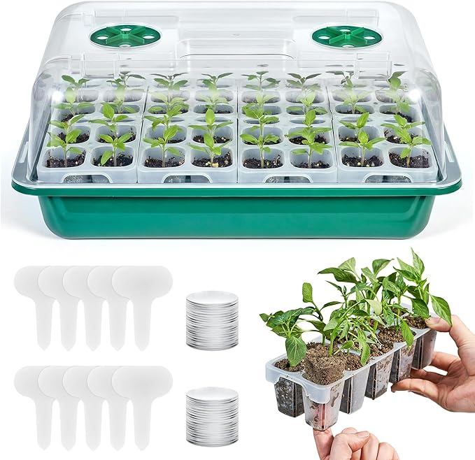 HIRALIY Seed Starter Tray Kits, Reusable Plant Germination Trays, Easy Transplanting, with Humidity Domes and Bases (Green, 40-Cells)