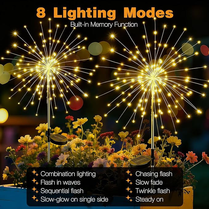 btfarm 3 Pack 120 LED Solar Garden Lights Outdoor, 8 Modes Firework Lights Solar Powered, Waterproof Twinkle Fairy Light Outside for Yard Patio Pathway Pool Christmas Party Decorative, Warm White